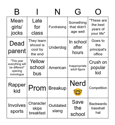 Back to School Movie Bingo Card