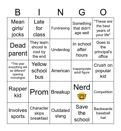 Back to School Movie Bingo Card