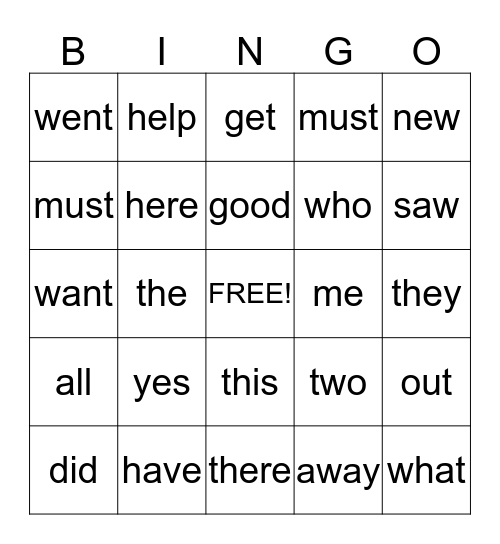 Sight Word Bingo Card