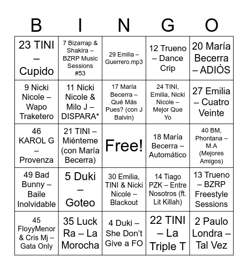 BINGO DE CANCIONES Bingo Card