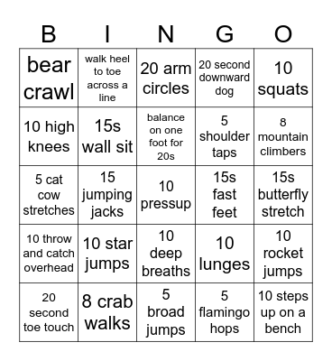 Y3 - Health and Fitness Bingo Card