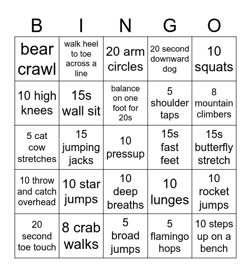 Y3 - Health and Fitness Bingo Card