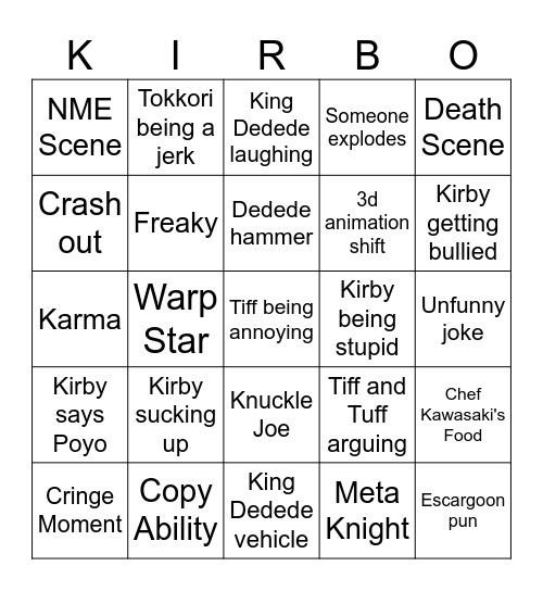 Kirby Bingo Card