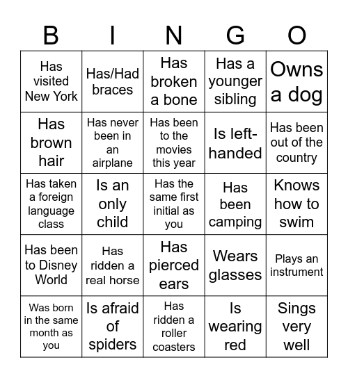 Getting to Know You Bingo Card