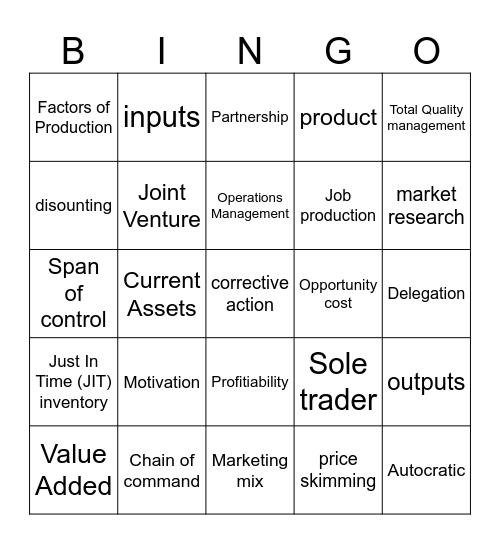 11-12 Business Studies # 1 Bingo Card