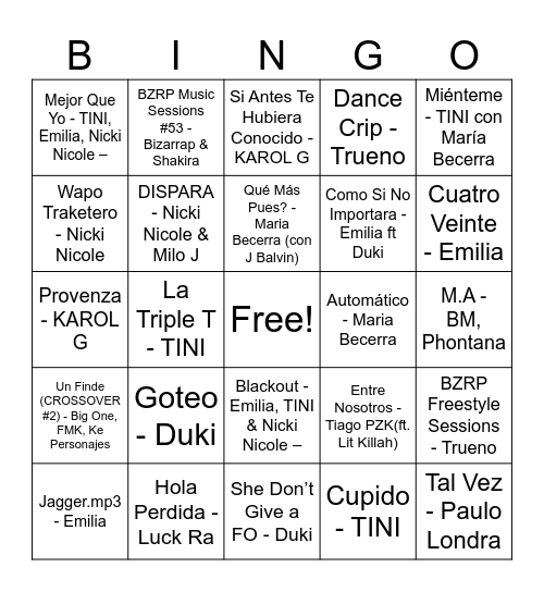 BINGO DE CANCIONES Bingo Card