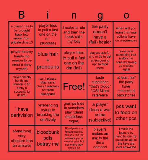 Bloodpunk Bingo Card