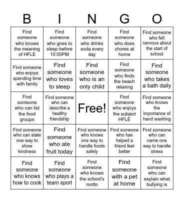 Health and Family Life Education Bingo Card