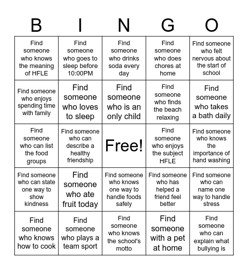 Health and Family Life Education Bingo Card