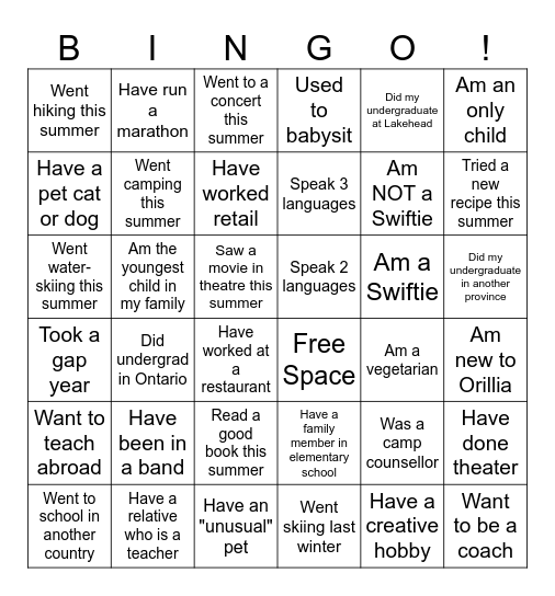 Getting to Know the Class Bingo Card