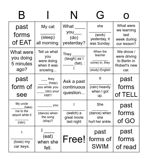 Past Continuous Bingo Card