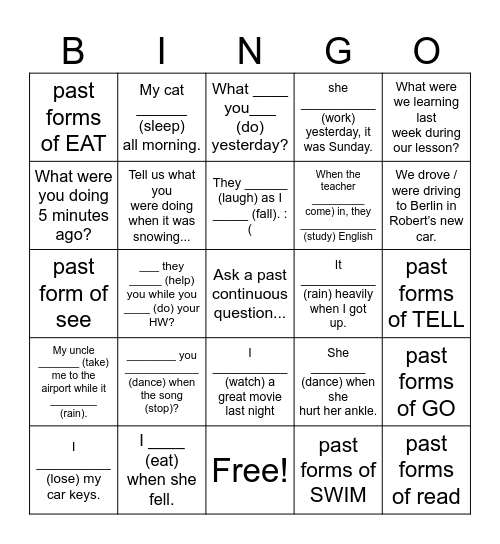 Past Continuous Bingo Card