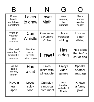 Back to School Bingo Card