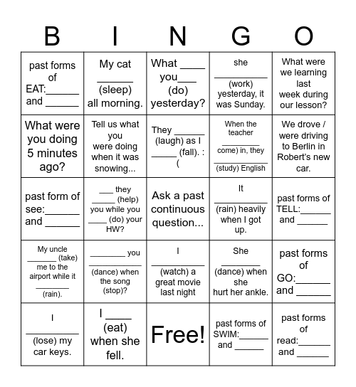 Past Continuous Bingo Card