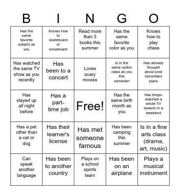 Back to School Bingo Card
