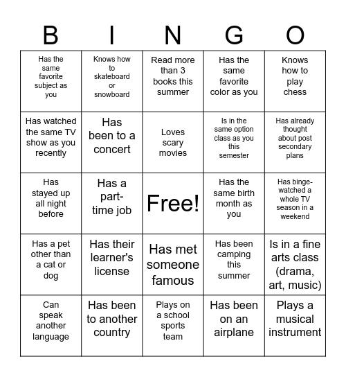 Back to School Bingo Card