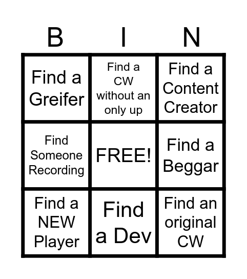 Yeep Bingo Card