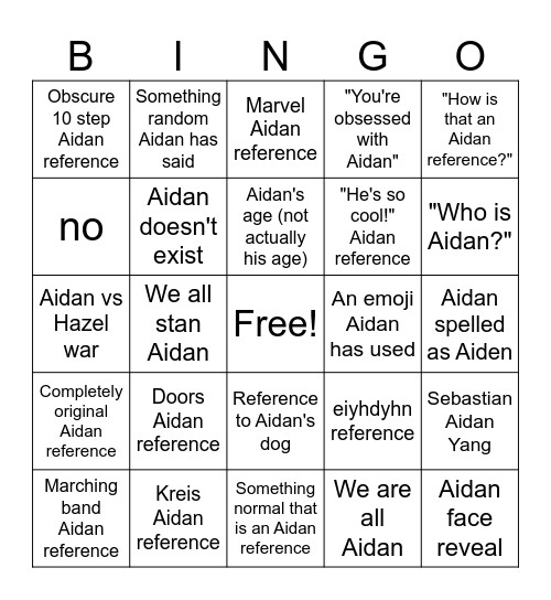 Aidan References Bingo Card