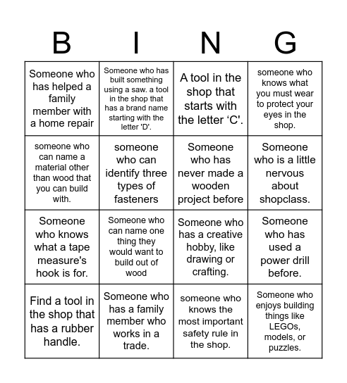 Shop class Bingo Card
