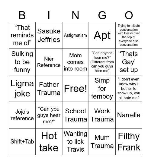 Shift+tab bingo Card