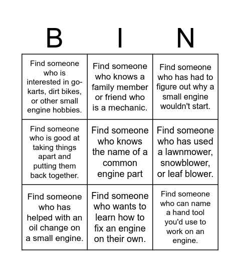 Power Mech Bingo Card