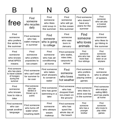 Find Someone Who - Summer Edition Bingo Card