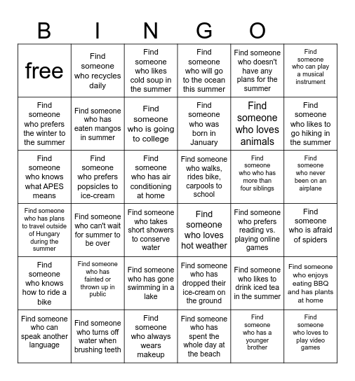 Find Someone Who - Summer Edition Bingo Card