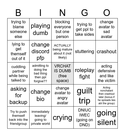 someone being kicked from an online friendgroup Bingo Card