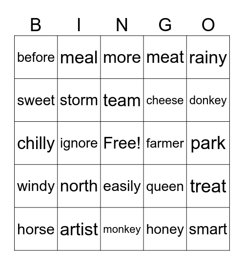 or, ore, ar, e, ey, ee, ea Bingo Card