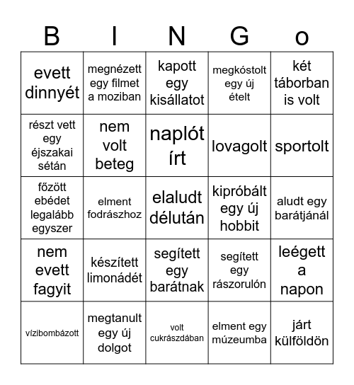 Nyári élmények Bingo Card