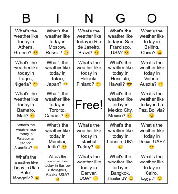 What's the weather like (50 places) Bingo Card