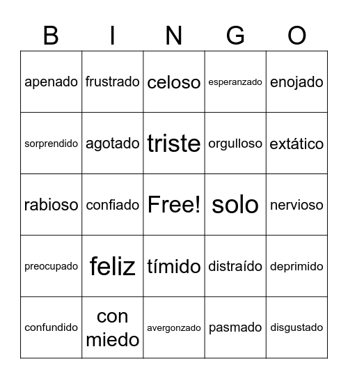 Feeling adjectives Bingo Card