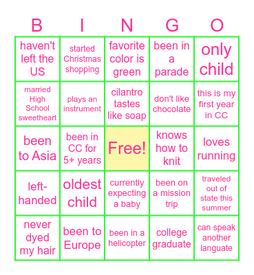 Getting to know you BINGO Card