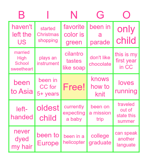 Getting to know you BINGO Card