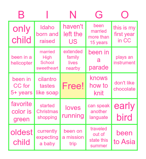 Getting to know you BINGO Card