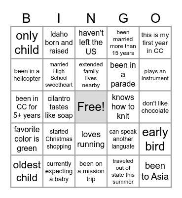 Getting to know you BINGO Card