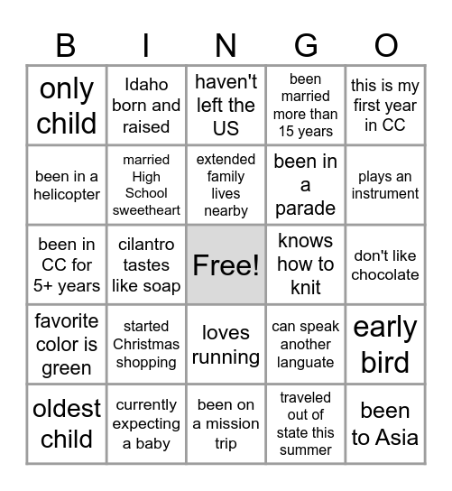 Getting to know you BINGO Card