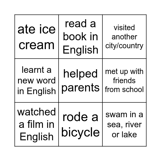 How I spent summer Bingo Card