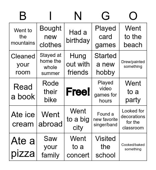 Summer vacation bingo! Bingo Card