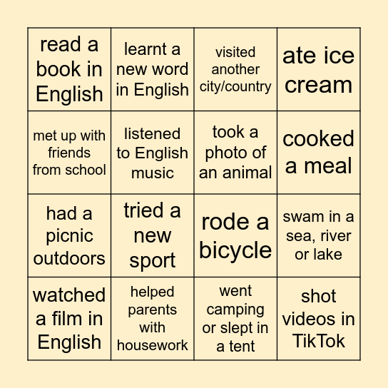 How I spent summer Bingo Card