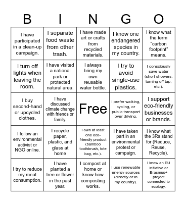 ECO - FRIENDLY BINGO GAME Bingo Card
