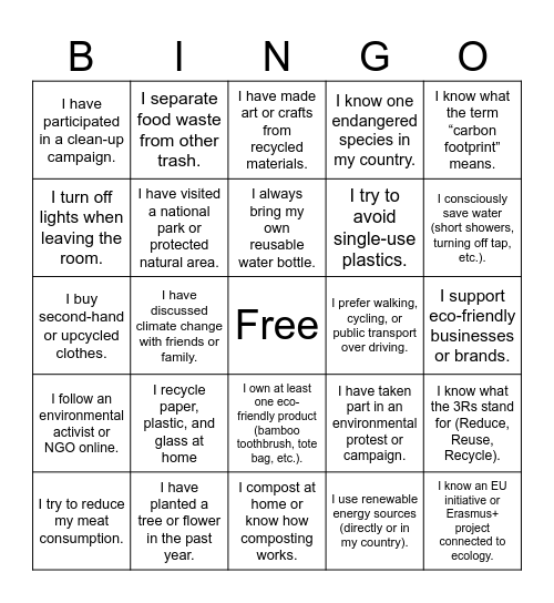 ECO - FRIENDLY BINGO GAME Bingo Card