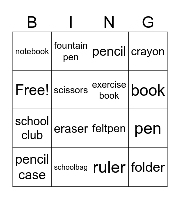 School objects Bingo Card