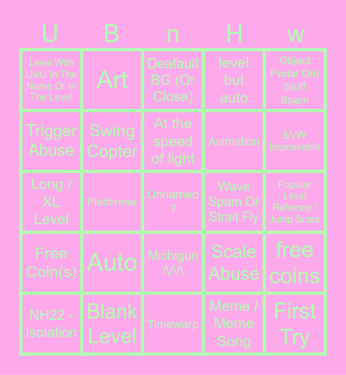 UwU Geometry Dash 2.2 Recent Tab BINGO Card