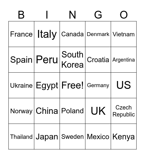 Countries Bingo Card