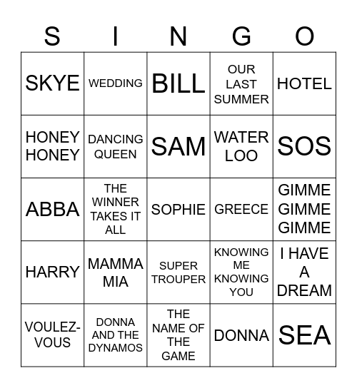 MAMMA MIA Bingo Card