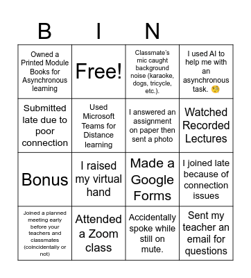 Distance Learning Experiences Bingo Card