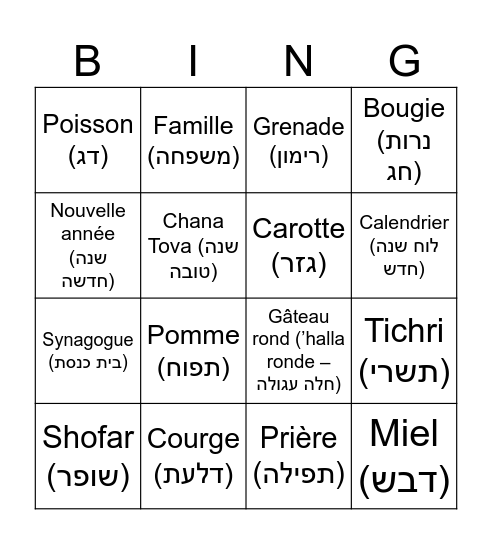 Rosh Hashana Bingo Card