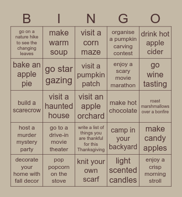 Fall/ autumn bucket list Bingo Card