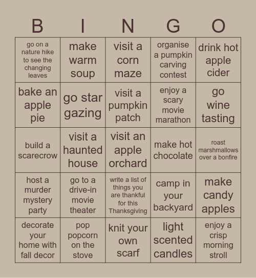 Fall/ autumn bucket list Bingo Card